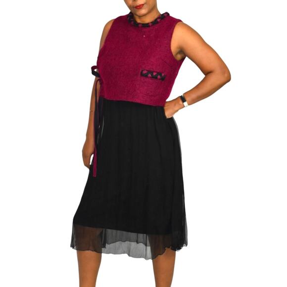 Midi Dress Red Two Tone Overlay Vest Black Mixed Texture Sheer Colorblock Small - Picture 12 of 15